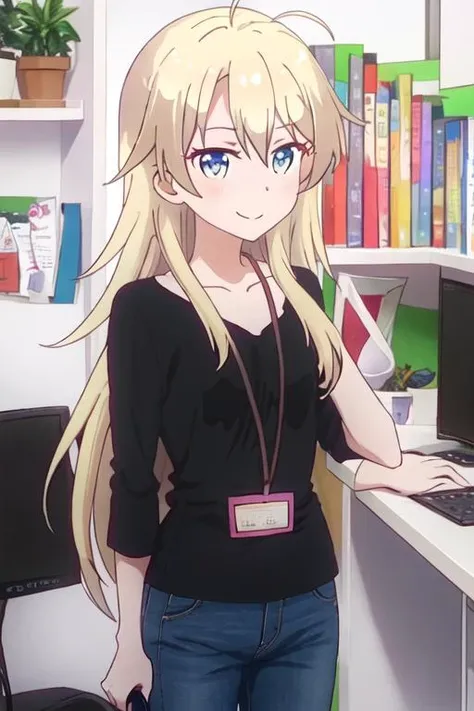 best quality, masterpiece, highres, solo, {yagami_kou_newgame:1.15}, blonde_hair, long_hair, blue_eyes, blush, collarbone, hair_between_eyes, ahoge, indoors, bangs, closed_mouth, smile, 1girl, black_shirt, id_card, shirt, very_long_hair, standing, hand_on_hip, lanyard, pants, blue_pants, looking_at_viewer