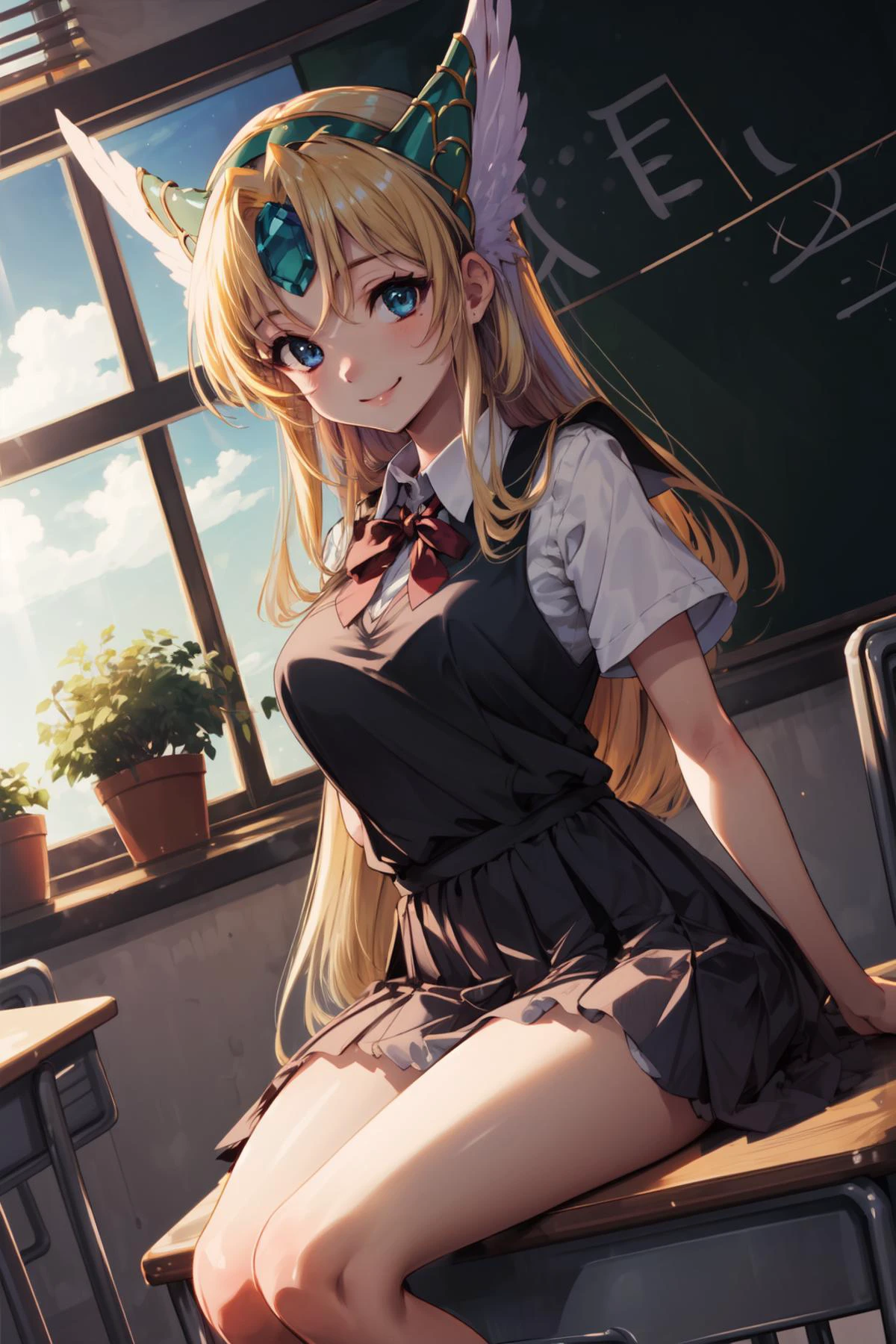 masterpiece,best quality,1girl,riesz,rnd1,school uniform,smile,sitting,classroom,indoors,cowboy shot,dutch angle,<lora:riesz1:1>,