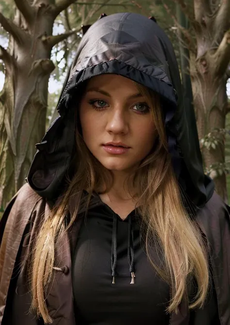 close-up portrait of a woman standing in a dark forest wearing a hood, cloak, cape. teaganpresley, 1girl,solo, long hair,looking at viewer,blue eyes,blonde hair <lora:teaganpresley:0.4>