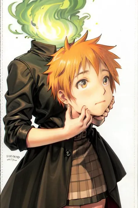 <lora:machi_kyouko-10:0.7>, holding head, headless, short hair, orange hair