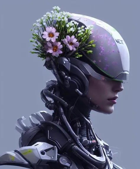 nousr robot  [rustic futuristic robot:woman:10],  small flowers and  leaves on top of head, apex legends, epic lighting, ultra detailed