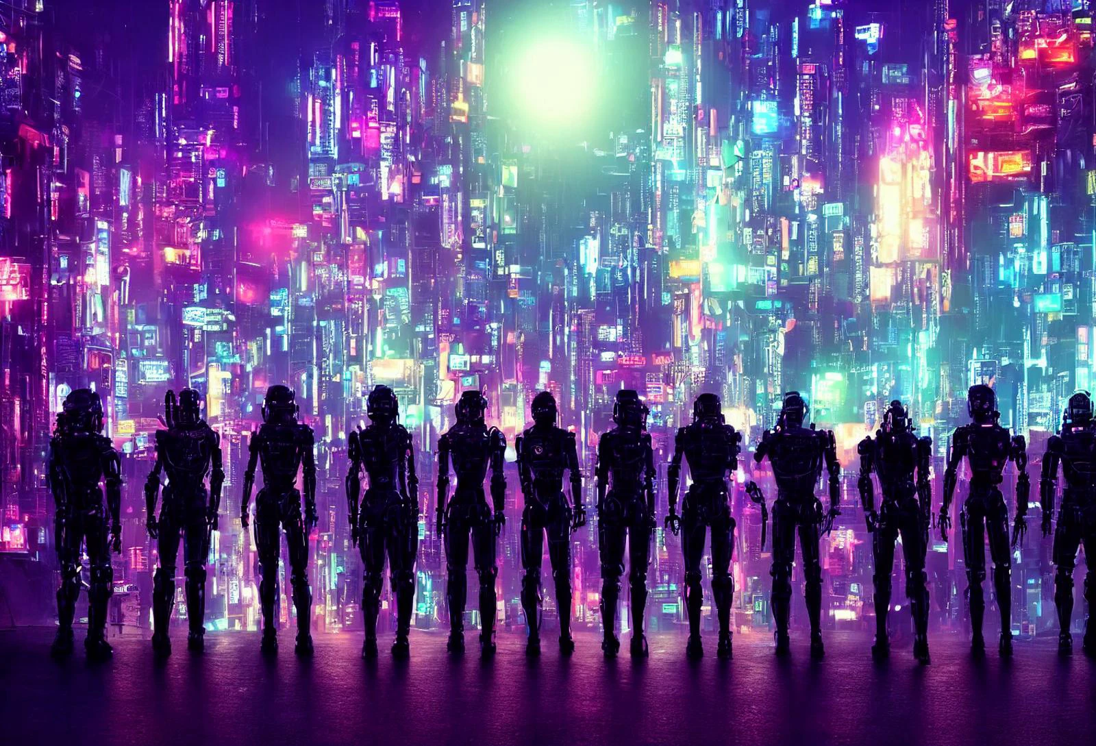 cyberpunk background, group of humanoid robots, tubes, steel, leather, studs, night, h.r. giger art style, masterpiece, moon light, neon signs, signs in japanese, cyberpunk city in the background,