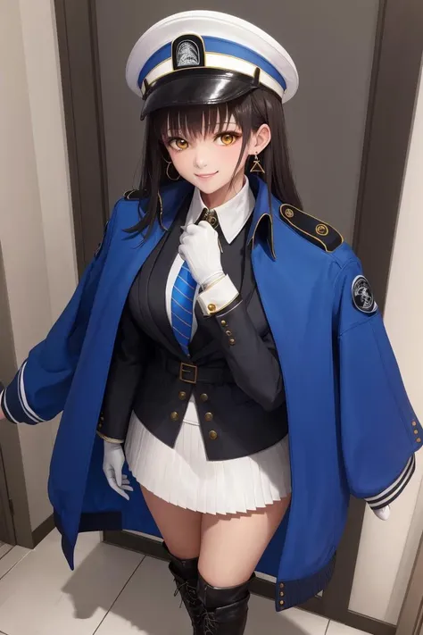 masterpiece, best quality, <lora:diesel-nikke-richy-v1:1> diesel \(nikke\), standing, looking at viewer, smile,
earrings, jacket on shoulders, white shirt, collared shirt, striped, blue necktie, white gloves, white skirt, blue headwear, peaked cap, yellow eyes, knee boots, cross-laced footwear,