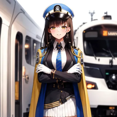 <lora:diesel-nikke-richy-v1:1>, 1 mature female, diesel \(nikke\), standing, looking at viewer, smile, yellow eyes, earrings, jewelry, jacket on shoulders, white shirt, collared shirt, striped, blue necktie, white gloves, white skirt, blue headwear, peaked cap, train, cockpit, crossed arms, blush,