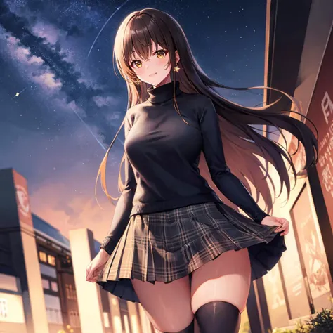 <lora:diesel-nikke-richy-v1:1>, diesel \(nikke\), light smile, long hair, yellow eyes, turtleneck sweater, thighighs, black skirt, plaid skirt, zettai ryouiki, outdoors, night, starry sky, village,blush, happy, walking, festival,