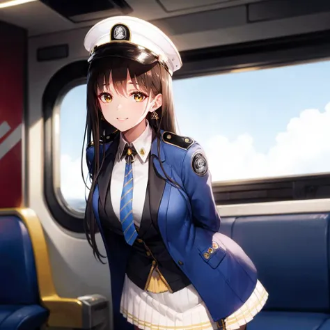 <lora:diesel-nikke-richy-v1:1>, 1 mature female, diesel \(nikke\), standing, looking at viewer, smile, yellow eyes, earrings, jewelry, jacket on shoulders, white shirt, collared shirt, striped, blue necktie, white gloves, white skirt, blue headwear, peaked cap, train, cockpit, arms behind back, leaning forward, furrowed brow,