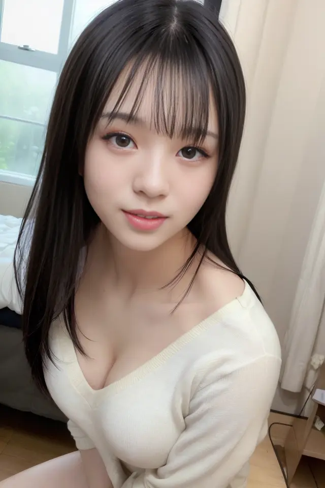 (skin blemish:1), (skindentation), black eye, 1women, 23yo, (((woman))), solo, realistic, best quality, photorealistic, masterpiece, 8k, high res, solo, extremely detailed face, (professional lighting, bokeh), (light particles, lens flare, glowing particles:0.6), (dynamic pose:1.2), soft lighting, top angle view, fashionable and trendy atmosphere, japan, tokyo, bedroom, window, ((morning)), ((looking at the viewer)), (looking at the camera),(portrait:0.6), gorgeous, standing, keep original facial proportion, full body, (medium breast), (medium hair), slim body, long face, (black hair:1.5), floating hair, lips, lipstick, seductive smile, teeth, smile, casual wear, white sweater, white short pants, <lora:nanami_hoshino:0.7>