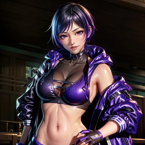 reina mishima, octane render, masterpiece, 1girl, purple hair, absurdres, high quality, jacket, smirking, confident face, small boobs, <lora:ReinaMishima:0.8>
