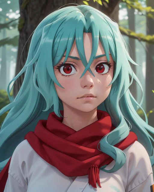 1girl, artstyle, forest, upperbody, <lora:tomoe:0.7>, aqua hair, blue hair,  hair between eyes, long hair, looking at viewer, medium breasts,red eyes, red scarf, scarf, solo, tomoe, hyperrealistic photo by Seebas Apterus and Larry Bell art, blending, smooth, detailed expressions, artstyle, detailed eyes, HDR, UHD, 64k, RTX, sharp, sharp focus, highly detailed, intricate detail, professional, artistic flow, ultra detailed, high resolution photography, (bright colors)