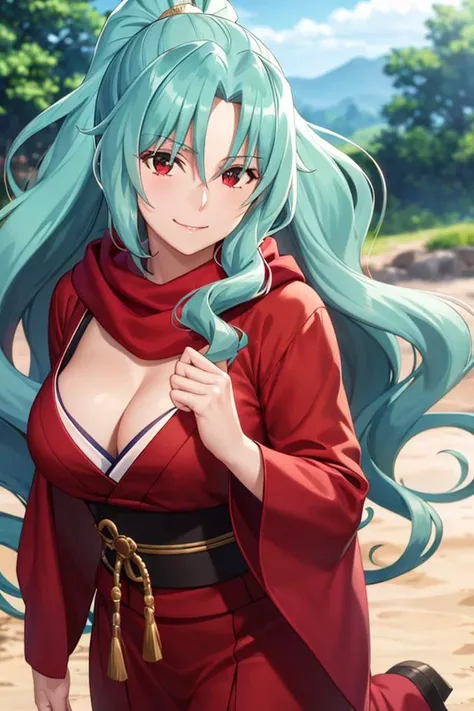 masterpiece, (best quality), 1woman,1girl ,tomoe, aqua hair , long hair, ponytail, red eyes,japanese clothes,cleavage, red scarf,hair between eyes ,looking at viewer,kimino, smug, smile, beautiful woman ,vibrant colors ,natural lighting ,RTX, big breasts, beautiful, (detailed face:1.2), showcase, (perfect eyes:1.1) ,(photorealistic:1.1), 8k uhd, outdoors, (full body), simple backround, female focus,