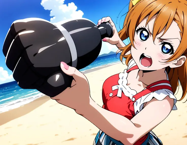 1girl,solo,
kousaka honoka, love live!,blue eyes,
casual wear,skirt,
angry,open mouth,
<lora:gourmetspicerXL2:0.7>,gourmetspicer,
cloud,blue sky,holding weapon,
weapon,upper body,clenched hand,incoming attack,arm cannon,fighting stance,
looking at viewer,
dutch angle,
beach,
masterpiece, best quality, ultra detailed, highres,4k,(ultra-detailed:1.4) (illustration:0.5), (ray tracing,:0.8),(anime colored:0.7),(ai-generated:0.5),