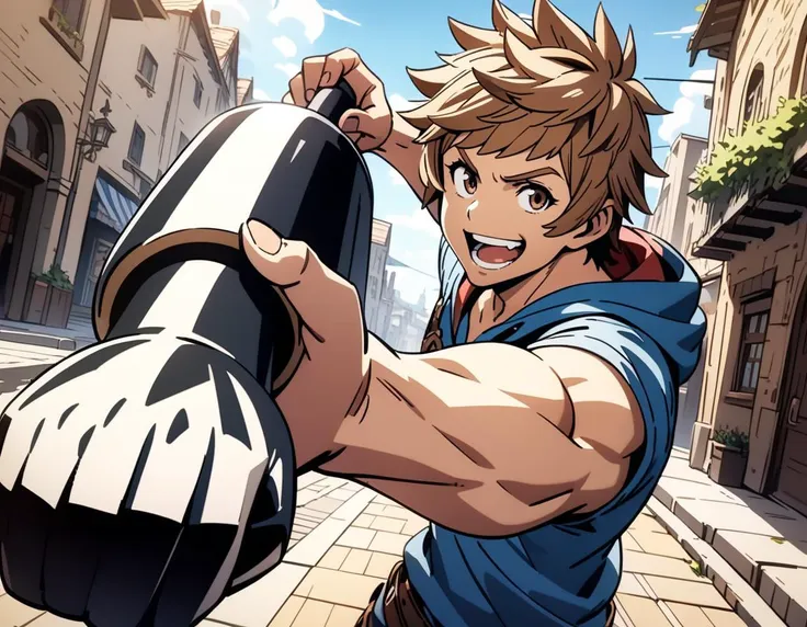 1boy,
gran \(granblue fantasy\), granblue fantasy,
casual wear,
smile,open mouth,
<lora:gourmetspicerXL2:0.7>,gourmetspicer,
cloud,blue sky,holding weapon,
weapon,upper body,clenched hand,incoming attack,arm cannon,fighting stance,
looking at viewer,
dutch angle,
street,
masterpiece, best quality, ultra detailed, highres,4k,(ultra-detailed:1.4) (illustration:0.5), (ray tracing,:0.8),(anime colored:0.7),(ai-generated:0.5),