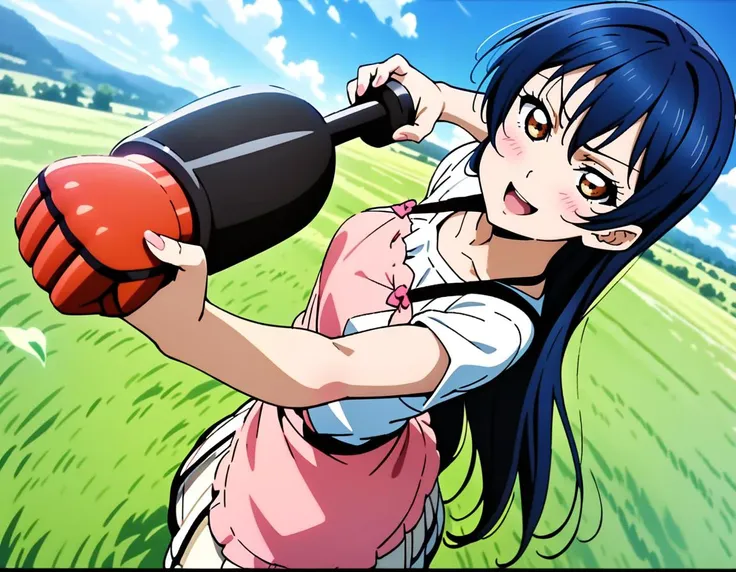 1girl,solo,
sonoda umi, love live!
casual wear,skirt,
smile,open mouth,
<lora:gourmetspicerXL2:0.7>,gourmetspicer,
sky, cloud,blue sky,holding weapon,
weapon,upper body,clenched hand,incoming attack,arm cannon,fighting stance,
looking at viewer,
dutch angle,
grasslands,
masterpiece, best quality, ultra detailed, highres,4k,(ultra-detailed:1.4) (illustration:0.5), (ray tracing,:0.8),(anime colored:0.7),(ai-generated:0.5),