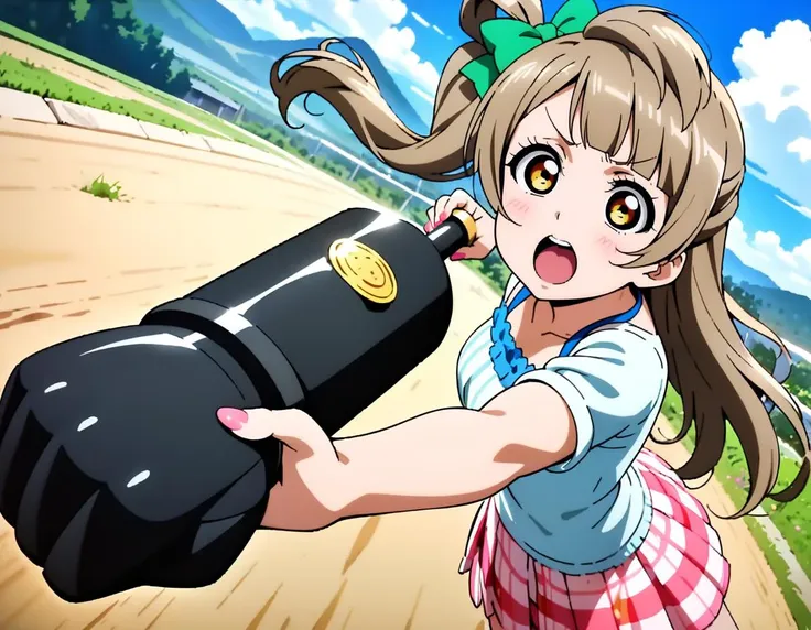 1girl,solo,
minami kotori, love live!
casual wear,skirt,
troubled eyebrows,open mouth,
<lora:gourmetspicerXL2:0.7>,gourmetspicer,
cloud,blue sky,holding weapon,
weapon,upper body,clenched hand,incoming attack,arm cannon,fighting stance,
looking at viewer,
dutch angle,
mountain,
masterpiece, best quality, ultra detailed, highres,4k,(ultra-detailed:1.4) (illustration:0.5), (ray tracing,:0.8),(anime colored:0.7),(ai-generated:0.5),