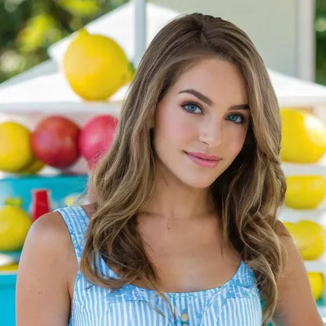 a photo of kimmy granger, ohwx, a woman at a lemonade stand, best quality, fine details, detailed skin <lora:kimmygranger_SDXL:0.9>