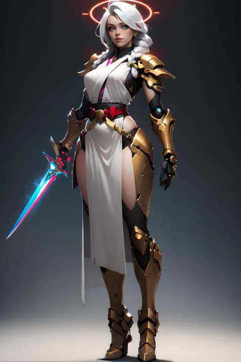 nijistyle, full body of cyberpunk paladin lady holding big glowing sword, white tabard, pauldrons, white hair, braid, red belt, glowing golden halo, mechanical arm, simple background <lora:sxz-style-niji:0.8>