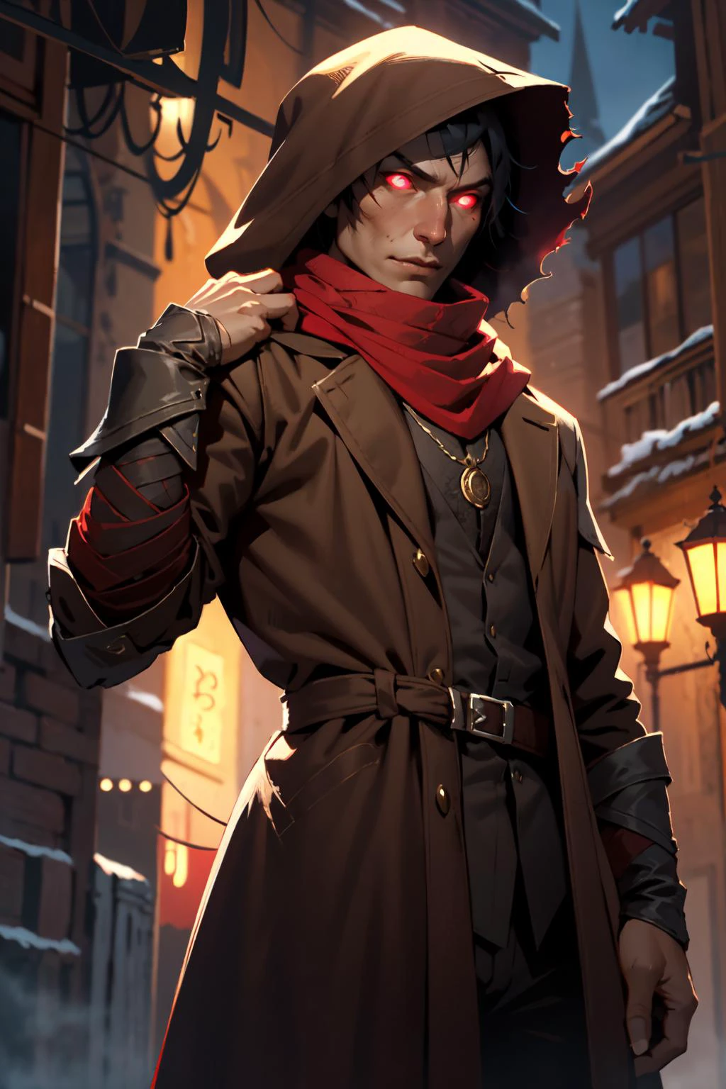 nijistyle, cowboy shot of demon hunter, hood up, faceless, glowing red eyes, torn brown coat, pauldrons, black vest, red scarf, bandages, pendant, fantasy, night, dark atmosphere <lora:sxz-style-niji:0.8>