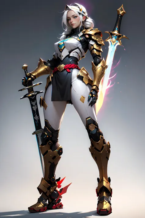 nijistyle, full body of cyberpunk paladin lady holding big glowing sword, visor, futuristic armor, led elements, white tabard, pauldrons, white hair, braid, red belt, glowing golden halo, mechanical arm, simple background <lora:sxz-style-niji:0.8>