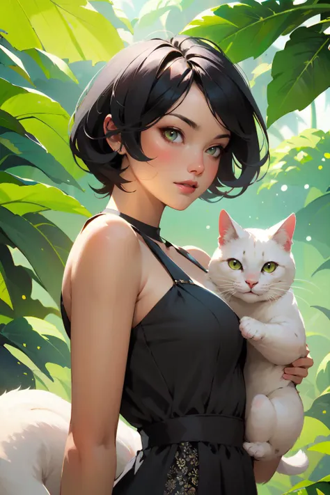 nijistyle, cute lady holding white cat, short black hair, sundress, summer, leafs, particles <lora:sxz-style-niji:0.8>