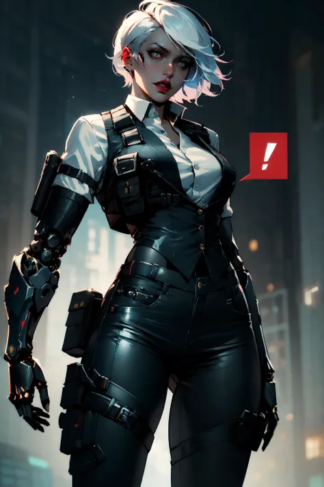 cowboy shot of futuristic detective lady, (mechanical jaw:1.2), short white hair, glowing eyes, red lips, spoken exclamation mark, white shirt, unbuttoned, black pants, vest, holster, mechanical parts, prosthetic arm, outline <lora:sxz-niji-v2:0.8>