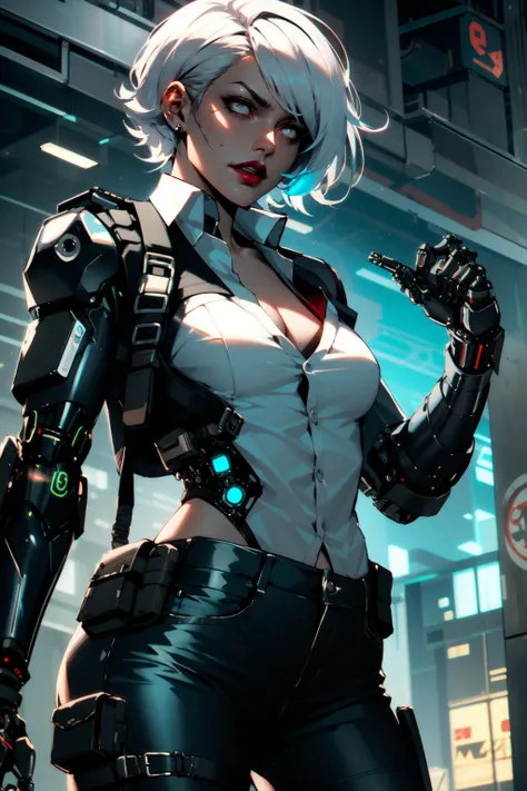 cowboy shot of futuristic detective lady, (cybernetic jaw:1.2), short white hair, glowing eyes, red lips, white shirt, unbuttoned, black pants, vest, holster, mechanical parts, prosthetic arm, outline <lora:sxz-niji-v2:0.8>