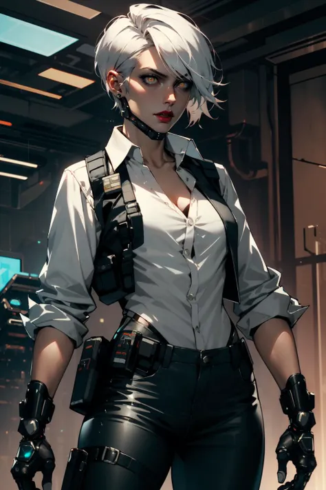 cowboy shot of futuristic detective cyborg lady, cybernetic jaw, short white hair, glowing eyes, red lips, white shirt, unbuttoned, black pants, vest, holster, mechanical parts, prosthetic arm, <lora:sxz-niji-v2:0.8>