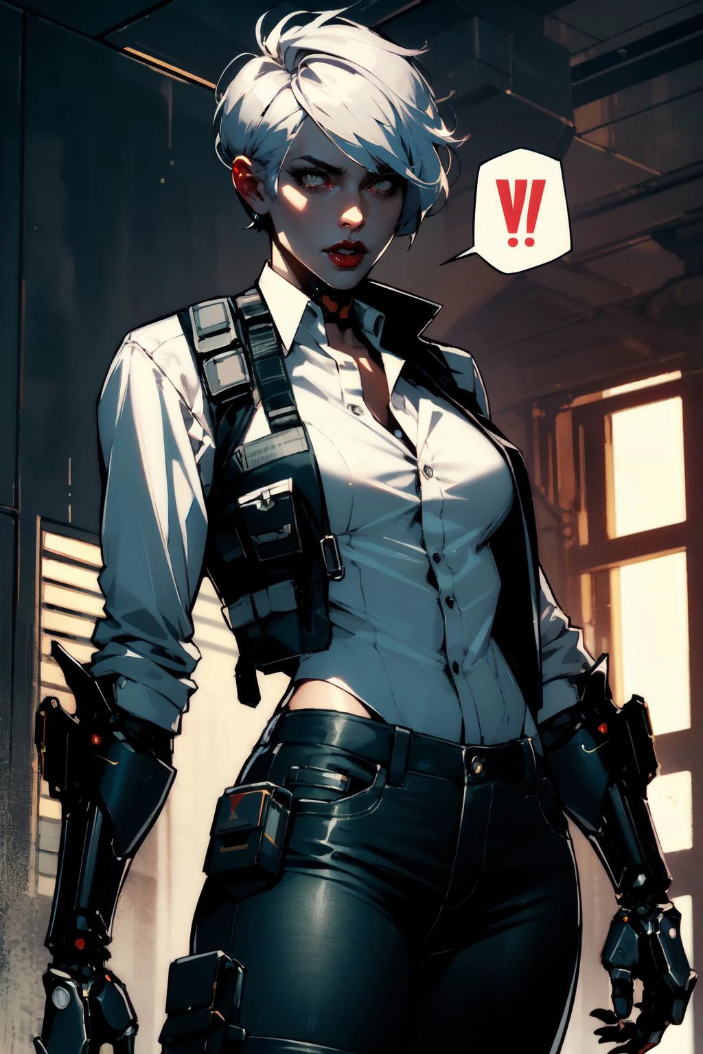 cowboy shot of futuristic detective lady, (mechanical jaw:1.2), short white hair, glowing eyes, red lips, spoken exclamation mark, white shirt, unbuttoned, black pants, vest, holster, mechanical parts, prosthetic arm, outline <lora:sxz-niji-v2:0.8>