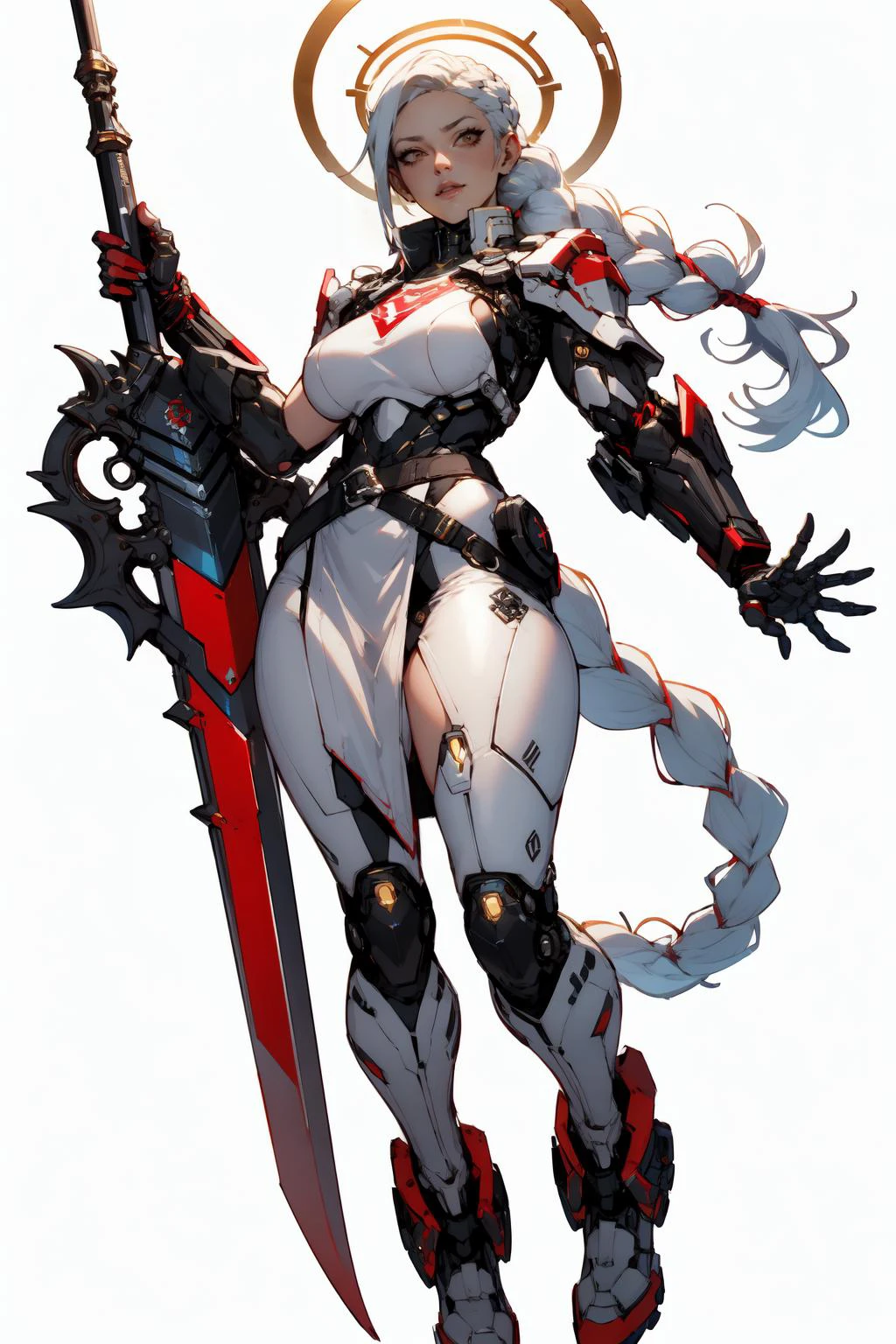 nijistyle, full body of cyberpunk paladin lady holding big glowing sword, white tabard, pauldrons, white hair, braid, red belt, cybernetic halo, mechanical arm, simple background, white background <lora:sxz-niji-v2:0.8>