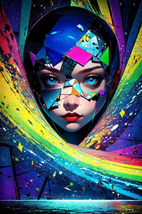 masterpiece, best quality, ultra high res, highly detailed, (Dadaism art:1.4), 1girl, hate, love, glowing ocean blue eyes, dark rainbow theme, colorful, visually stunning, beautiful, gorgeous, emotional, intricate, perferct shading <lora:sxz-niji-v2:0.8>