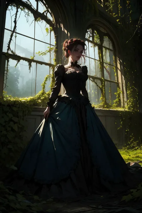 masterpiece, best quality, ultra high res, highly detailed, dark themed villain woman, diabolical, atmospheric setting, derelict Victorian mansion, broken windows and overgrown vines, clad in a tattered ball gown, wielding a wickedly sharp blade, the embodiment of terror and chaos, perfect lighting, perfect shading, <lora:sxz-niji-v2:0.6>