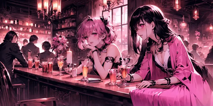 masterpiece, best quality, ((3 girls)), ((multiple women)), ((sitting beside girls)), sitting, ((club background)), pink hair, knowing look, smile, sultry eyes, trendy outfit, ((directly across from viewer)), ((table in front)), table, mug, beer, ((booth seating))