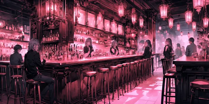 (wide shot, wide-angle lens,Panoramic:1.2),super vista, super wide AngleLow Angle shooting, super wide lens,
tavern scenes, charming personified skeleton, charming anime characters, i can't believe how beautiful this is, light magenta and dark gray, vanitas paintings, acidic and luminous colors, candid moments captured, luminous and dreamlike scenes, nightcore, i can't believe how beautiful this is, light magenta and dark gray, (light magenta:1.5),
(full body:1.1),
 <lora:~Q?-_NuLR tavern scenes8:0.8>