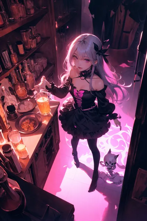 (wide shot, wide-angle lens,Panoramic:1.2),super vista, super wide AngleLow Angle shooting, super wide lens,
tavern scenes, charming personified skeleton, charming anime characters, i can't believe how beautiful this is, light magenta and dark gray, vanitas paintings, acidic and luminous colors, candid moments captured, luminous and dreamlike scenes, nightcore, i can't believe how beautiful this is, light magenta and dark gray, (light magenta:1.5),
(full body:1.1), Dynamic Angle, Perspective, High Point,pov (from above:1.4),
<lora:~Q?-_NuLR tavern scenes8:0.8>