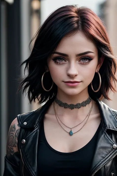 photo of beautiful (n0te4sy-125:0.99), a woman in a (runway fashion show:1.1), perfect hair, wearing (black jacket and tank top:1.1),  (punk style), (smiling), (hoop earrings), (necklace), (makeup, eyeshadow:1.2), modelshoot style, (extremely detailed CG unity 8k wallpaper), professional majestic (photography by  massimo vitali:1.1), (Canon EOS 5D Mark IV DSLR Camera), 24mm, exposure blend, hdr, faded, extremely intricate, High (Detail:1.1), Sharp focus, dramatic, soft cinematic light, (looking at viewer), (detailed pupils), (upper body), 4k textures, elegant, ((((cinematic look)))), soothing tones, insane details, hyperdetailed, low contrast