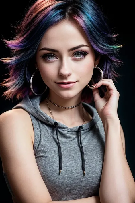 photo of beautiful (n0te4sy-125:0.99), a woman in a (skate rink:1.1), perfect hair, wearing (hoodie:1.1), (punk style), (smiling), (hoop earrings), (necklace), (makeup, eyeshadow:1.2), modelshoot style, (extremely detailed CG unity 8k wallpaper), professional majestic (photography by irving penn:1.1), (Olympus OM-1 Camera), 24mm, exposure blend, hdr, faded, extremely intricate, High (Detail:1.1), Sharp focus, dramatic, soft cinematic light, (looking at viewer), (detailed pupils), (upper body), 4k textures, elegant, ((((cinematic look)))), soothing tones, insane details, hyperdetailed, low contrast
