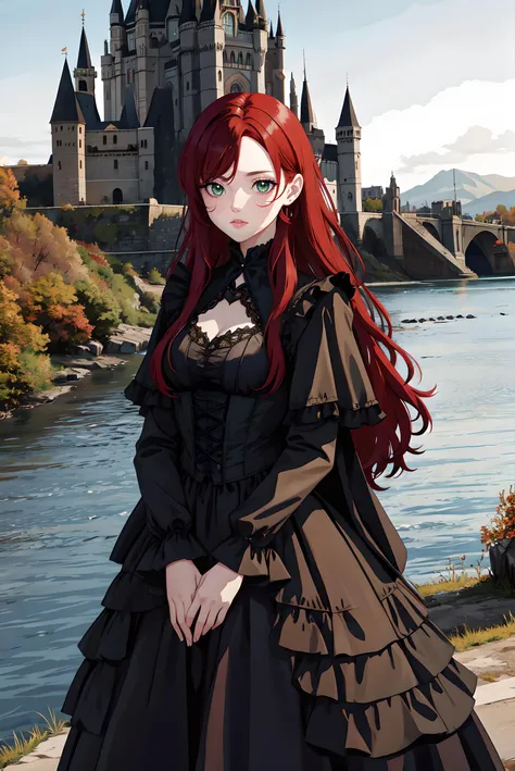 1 girl, in a gothic black dress, red hair, green eyes, standing by the river, with a castle in the background