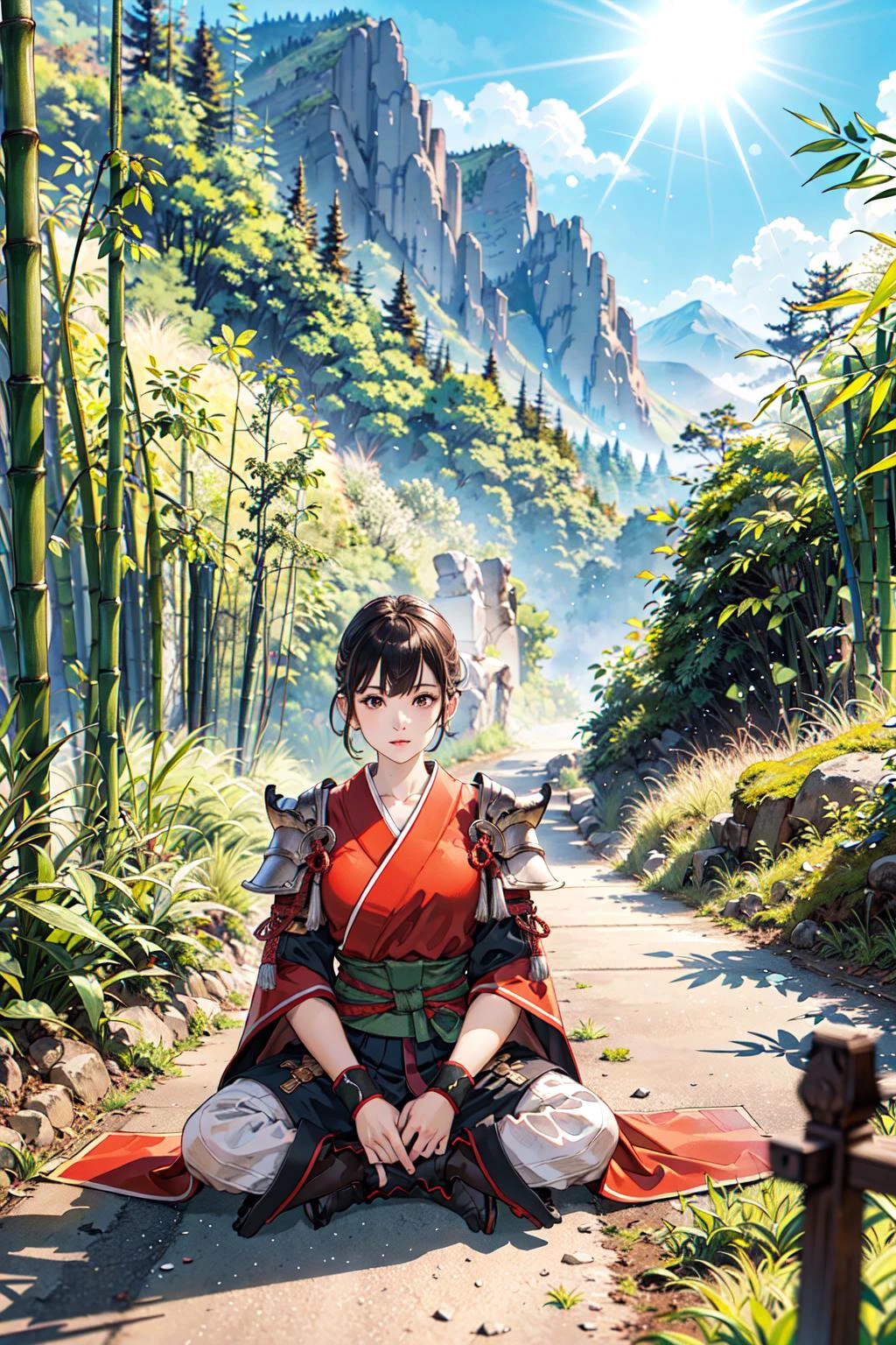 1girl, fullbody, sitting, slim, (bamboo trees), kabuto, red samurai armor, misty air, strong sunlight, mossy path, mountain village, huge weapon, mountain top scenery, <lora:granblueFantasyStyle_ver10:0.7>