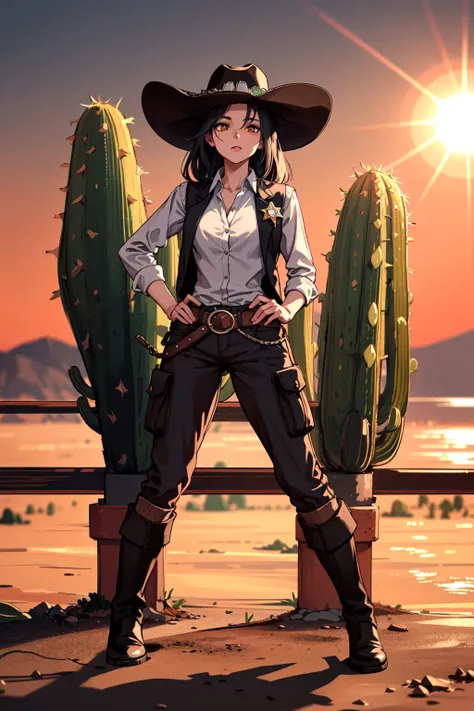 1girl, cowboy, cowboy hat, cargo pants, boots, cowboy vest, sheriff medal, (cactus:1.4), (black hair), (yellow eyes), solo focus, (magic circle:1.15), (depth of field, ambient lighting, blurry foreground, blurry background:1.3), atmospheric, (wild west:1.4), desert, cactus, light flares, intricate details, enhanced lighting, tumbleweed, (full body:1.2), (sunset:1.3), hands on hips, pose, lens flare, dew drop