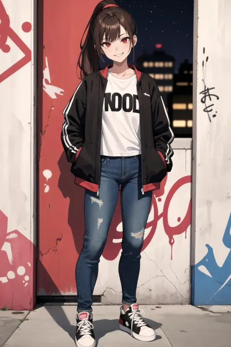 1girl, solo, brown hair, red eyes, low ponytail, t-shirt, open jacket, jeans, sneakers, standing, graffiti sprayed wall, smug,night