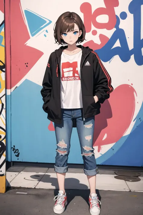 1girl,solo,brown hair, blue eyes, short hair, t-shirt, open jacket, jeans, sneakers, standing, graffiti sprayed wall, confident, night