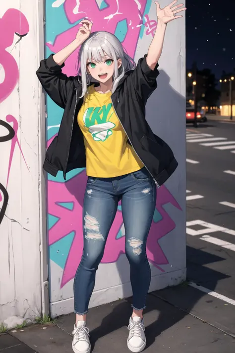 1girl, solo, silver hair, green eyes, armpit-length hair, t-shirt, open jacket, jeans, sneakers, standing, graffiti sprayed wall, excited, night