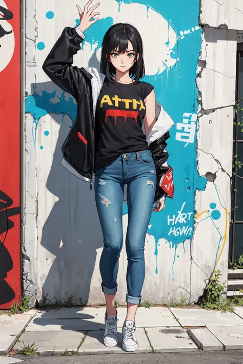 1girl, solo, black hair, green eyes, armpit-length hair, t-shirt, open jacket, jeans, graffiti sprayed wall, full-body portrait