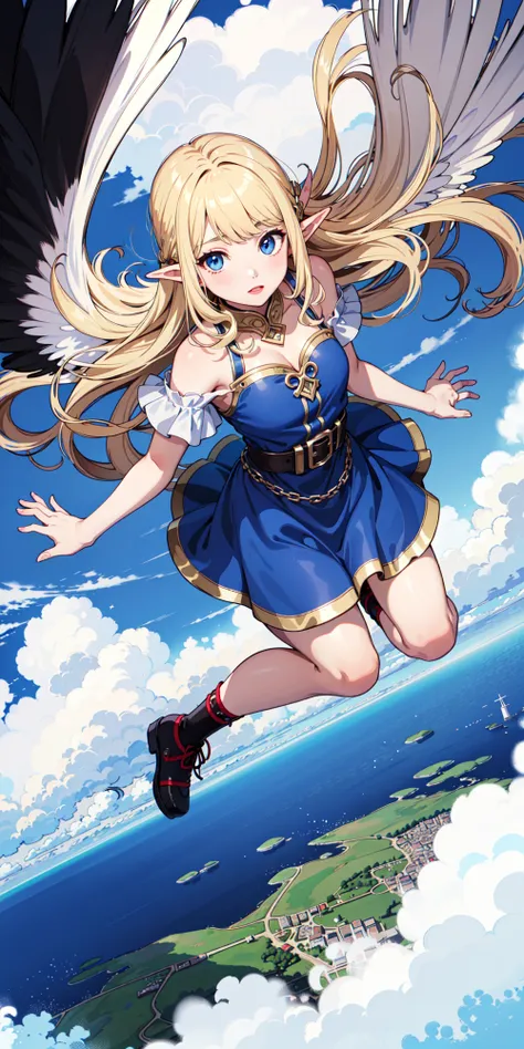 1girl, (fish-eye lens), looking at viewer, windy, (vast skies scenery) (clouds), atmospheric, (colorful skies), elf, silky dress, (from above:1.2), (wide shot), (matching wings:1.2), facing the viewer, floating hair, (jumping)