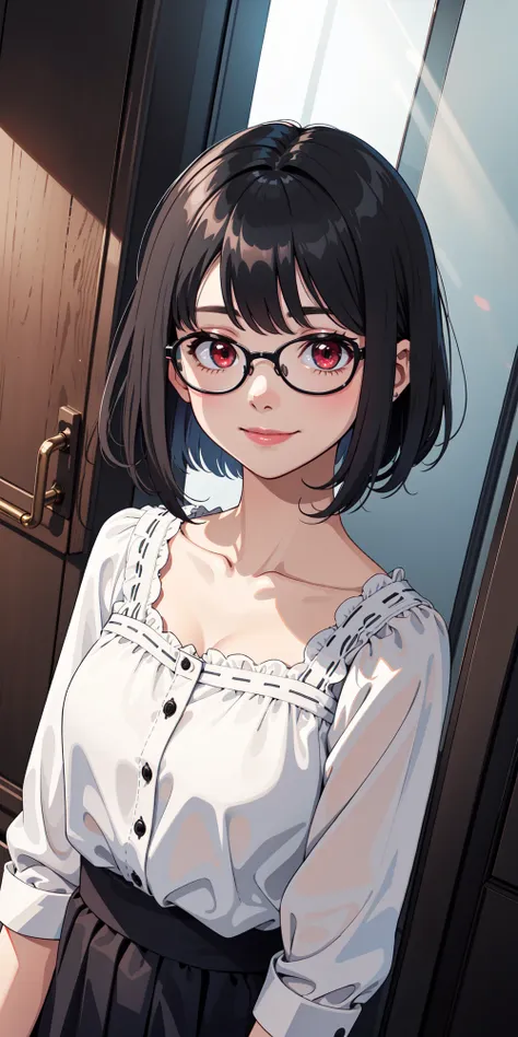 1girl, upper body, bobcut, red eyes, glasses, black hair, light rays, room scenery, smiling, from above