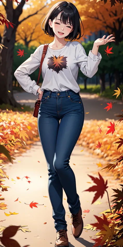 1girl, full body, (park), autumn leaves, autumn trees, pose, laughing, eyes closed, head tilt, jeans, tattered shirt, (solo focus, depth of field, ambient lighting, blurry foreground, blurry background:1.3), atmospheric, light flares, intricate details, enhanced lighting