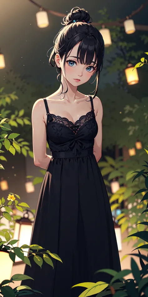 1girl, arms behind back, midnight, starry sky, colored lighting, looking at viewer, black night gown, black gown, messy bun, party, garden, black, cocktail dress, evening, lanterns, trimmed bushes, (solo focus, depth of field, ambient lighting, blurry foreground, blurry background:1.3), atmospheric, light flares, intricate details, enhanced lighting