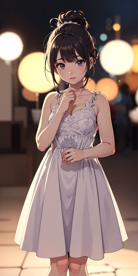 1girl, night gown, ball gown, messy bun, party, (solo focus, depth of field, ambient lighting, blurry foreground, blurry background:1.3), atmospheric, light flares, intricate details, enhanced lighting