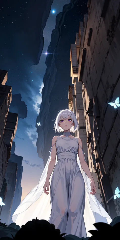 1girl, nekomimi, short hair, silver hair, white hair, purple eyes, night sky, stars, silhouette, from below, canyon scenery, lens flare, light particles, glowing butterflies, leaves, silky white dress