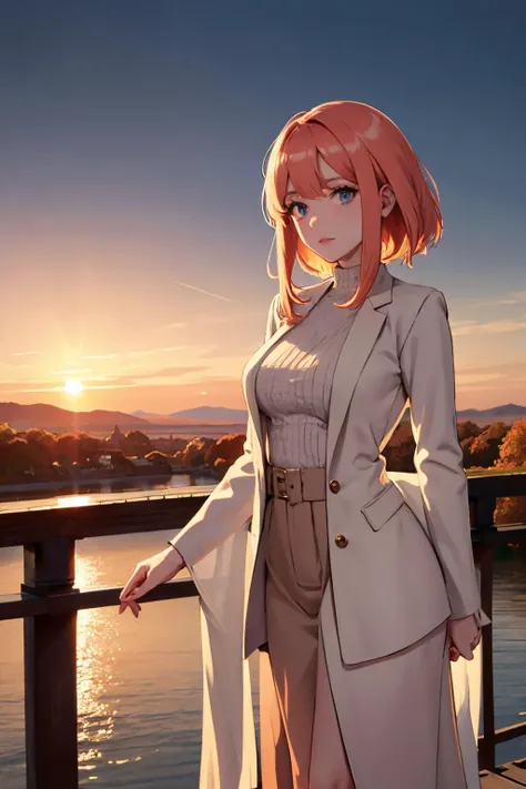 beautiful english woman standing on a bridge looking over the edge. dawn, cold, autumnal. volumetric light.
