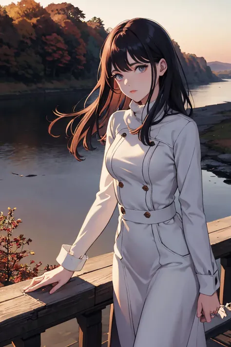 beautiful english woman standing on a bridge looking over the edge. dawn, cold, autumnal. volumetric light.